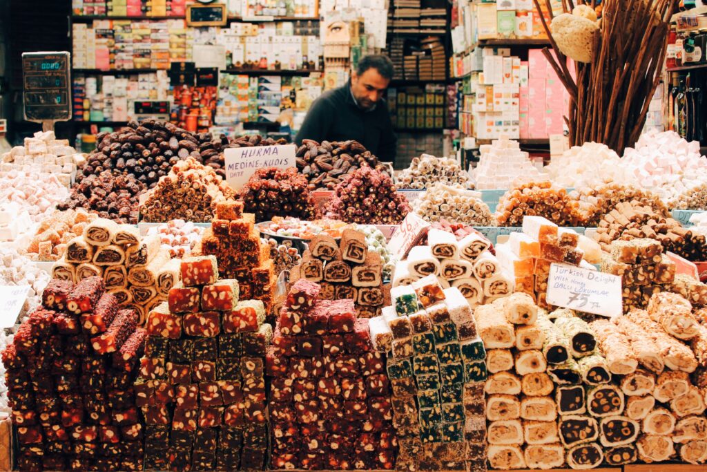 photo of Grand Bazaar in Turkey with lots of sweets on the counter