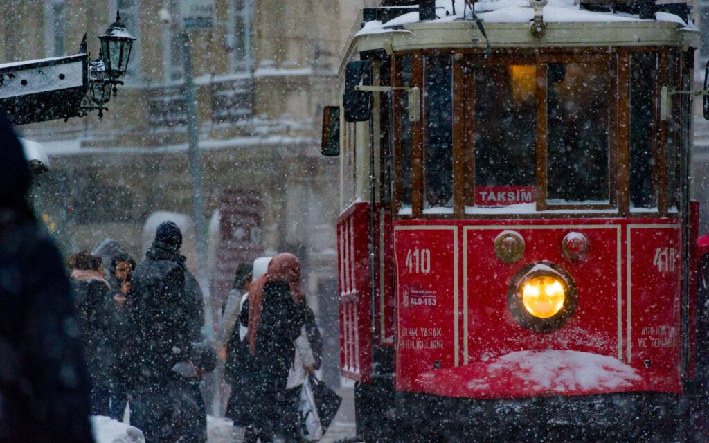 photo of a streetcar in Istanbul in the snow