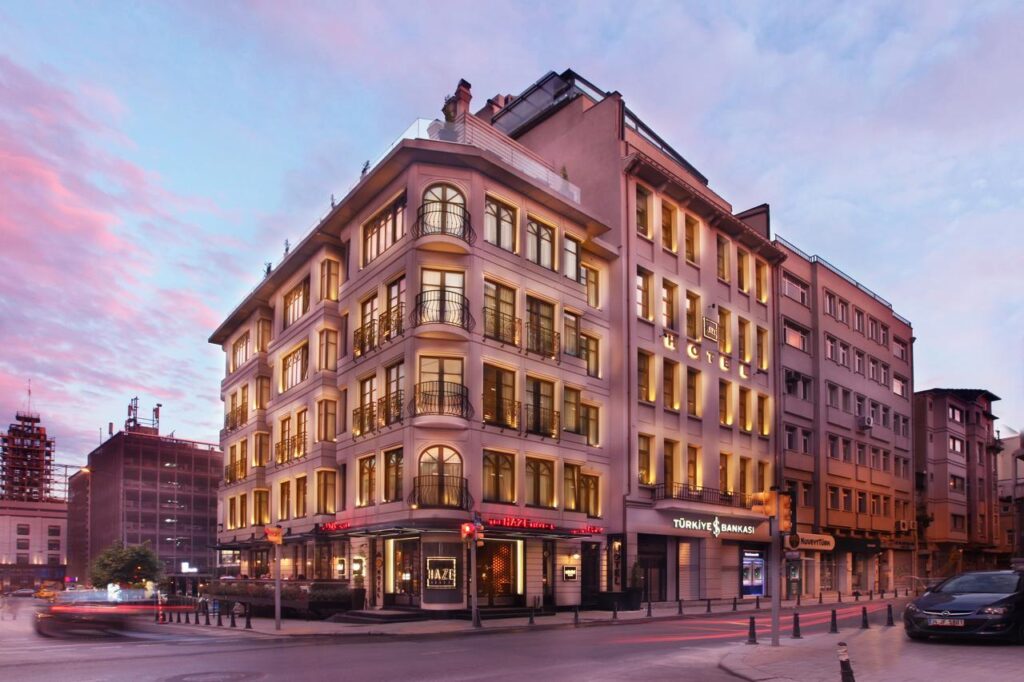 A beautiful building in the evening which is illuminated by lanterns in Turkey