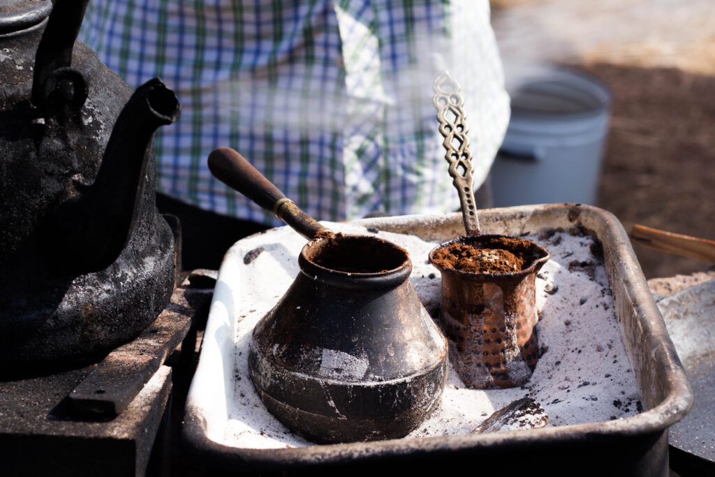 photo of classic Turkish charcoal coffee brewed in a stupa