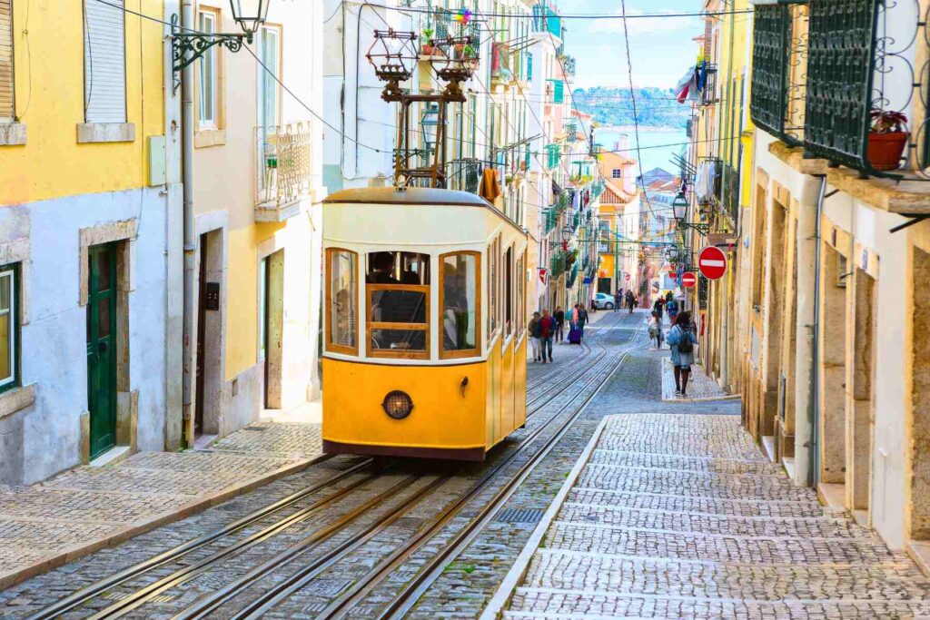 photo of the famous yellow Bica streetcar in Lisbon, Portugal