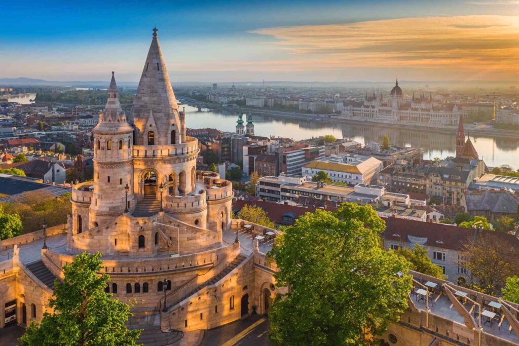 Beautiful aerial photo of Budapest in Hungary - the Fisherman's Bastion tower, the Hungarian Parliament and the Danube River are in the photo