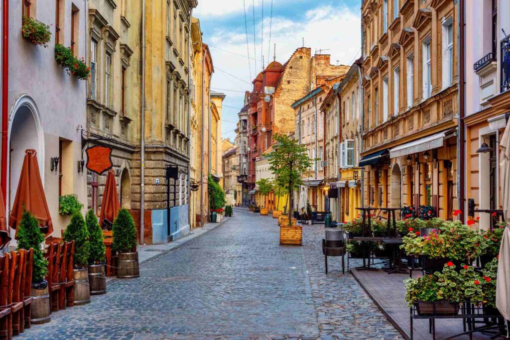 photo of a street in the Old European style in Lviv, Ukraine