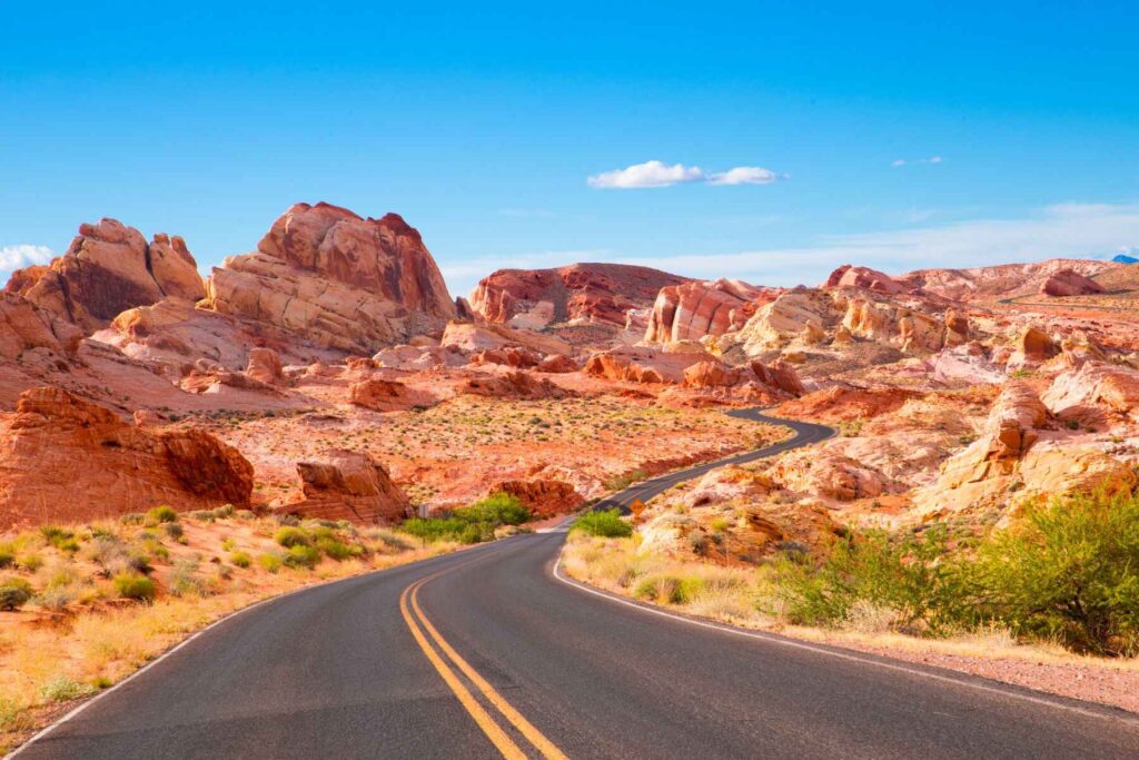 Photo of a beautiful Road with many twists and turns through Valley of Fire State Park in Nevada, USA