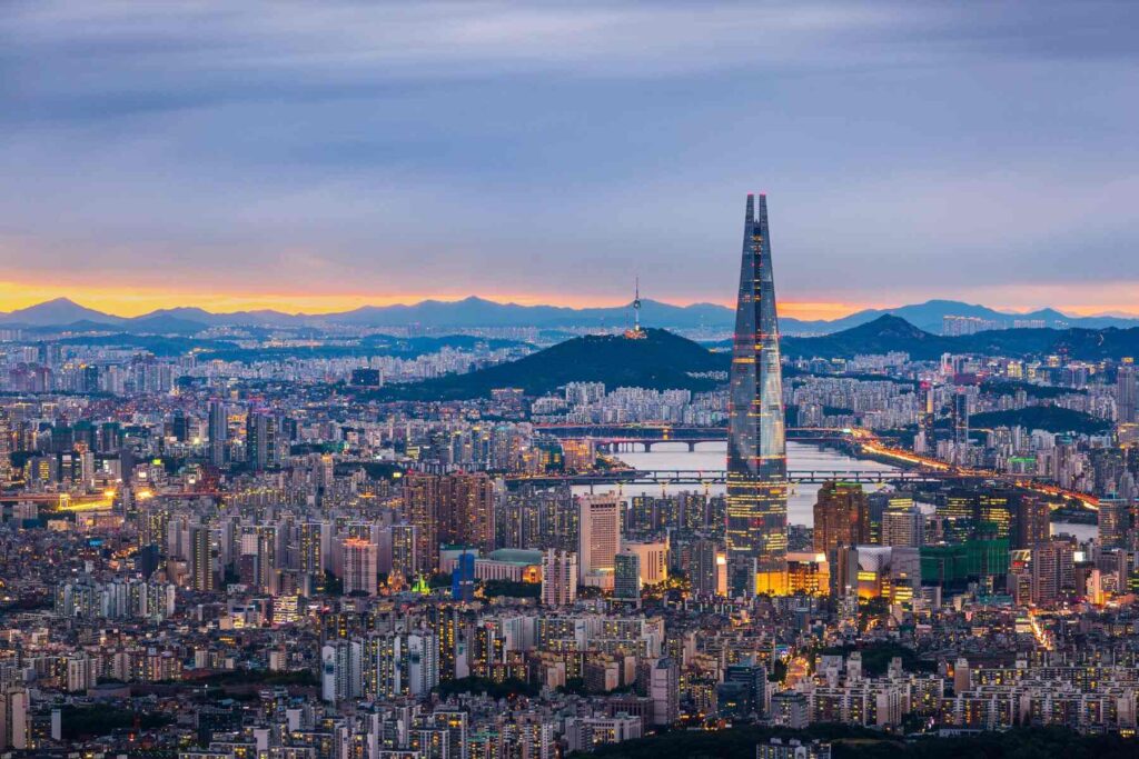 evening photo of Seoul city center in South Korea from an aerial view