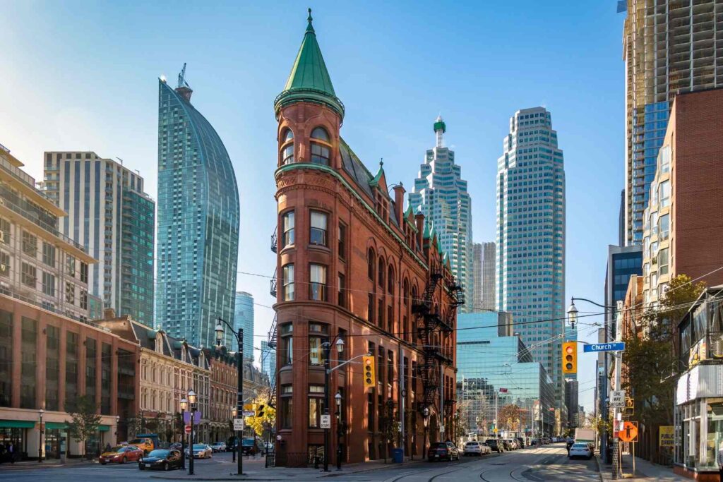 photo of the Gooderham Buildings in downtown Toronto, one of the city's most famous buildings, Ontario, Canada