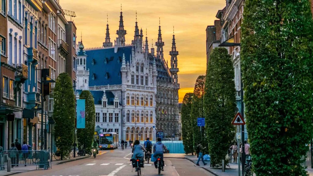 Photo of the domes of Leuven Town Hall in Belgium from the side of Bondgenotenlaan Street