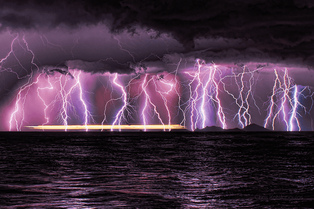 A photo of the many strong lightning bolts that strike every night in Lake Maracaibo where the Catatumbo River flows, in Venezuela